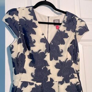Vince Camuto navy and cream jacquard floral dress.